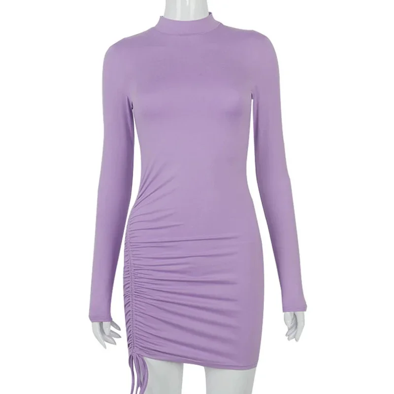 JINIA Abito aderente con volant a maniche lunghe Donna Dolcevita Fasciatura Mini abiti Autunno Nero Skinny Elastico Abiti da festa