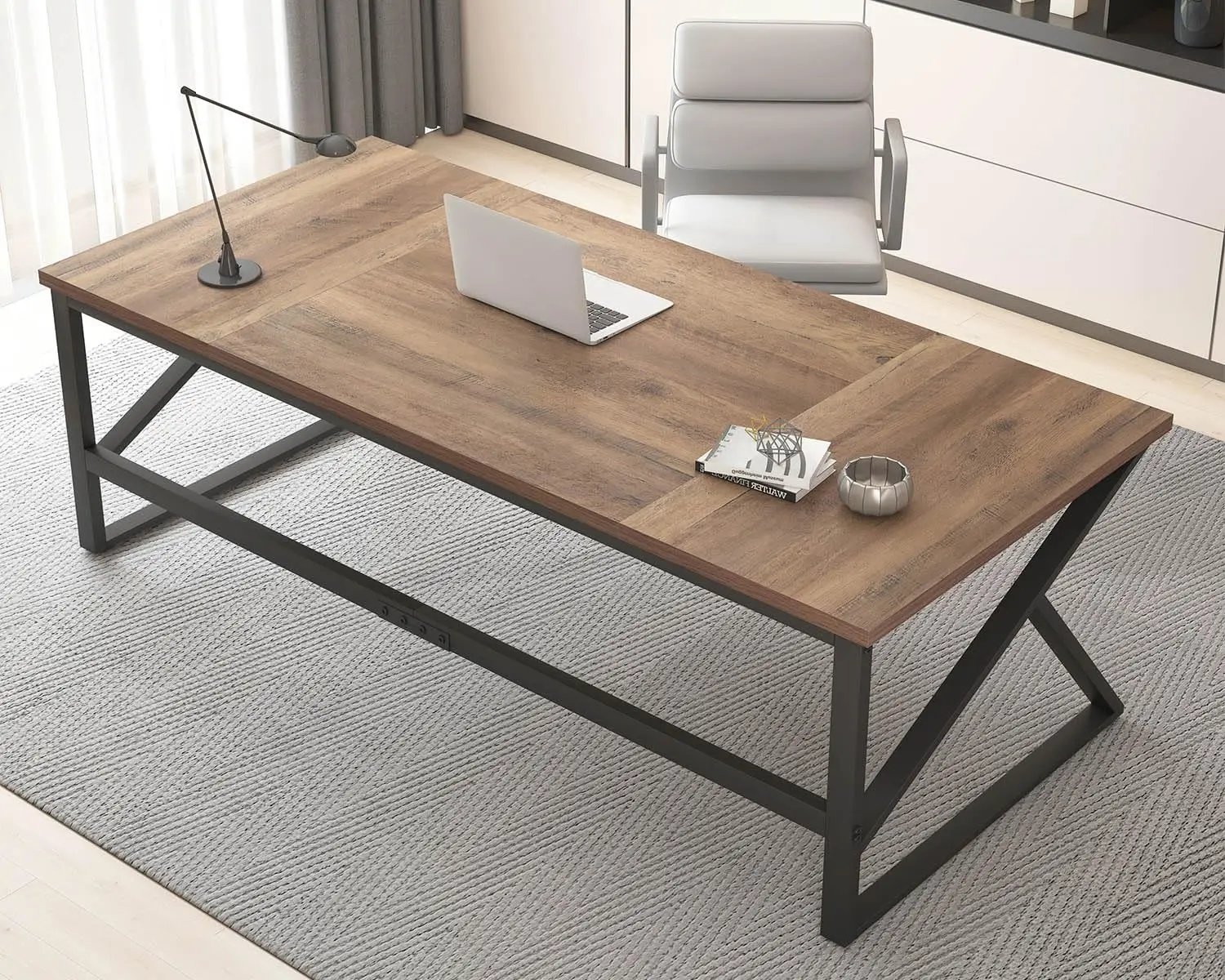 Rustic Wood Office Desk for Two Person Long Executive Gaming Metal Workstation Bedroom Living Room Table Monitors, Customized