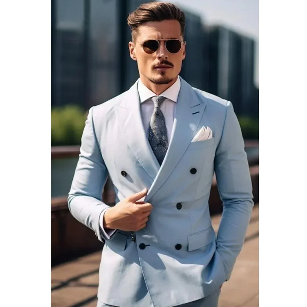 

Light Blue Men Suits Slim Fit New Arrival Double Breasted Smart Casual Clothing Wedding Fashion Male Suit Two Pieces