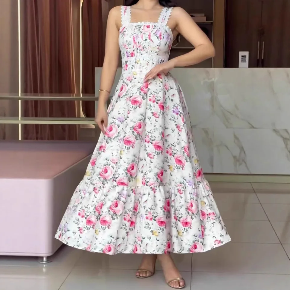

Long Dress Women Sling Dresses Print Floral A Line Vestidos Party Night Sleeveless Elegant Splice Y2k Streetwear High Waist Work