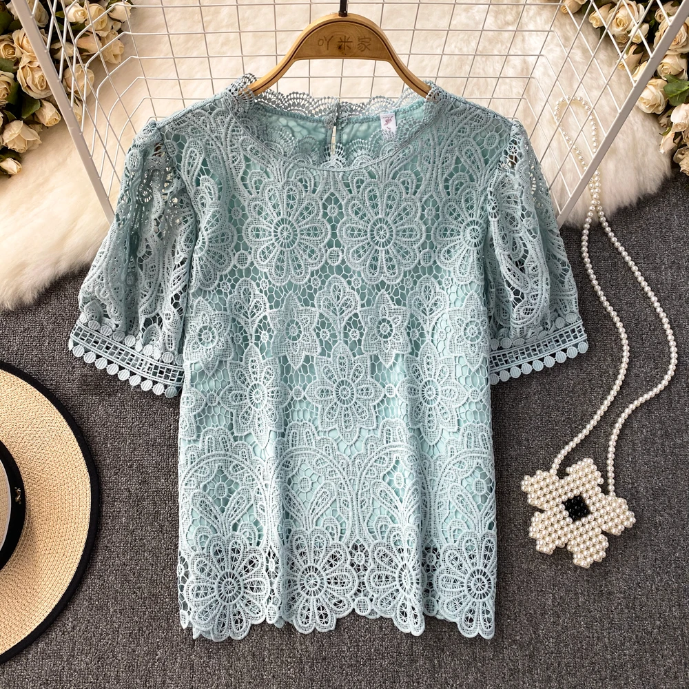 Chic Hook flower Hollow out Lace Shirt&Blouse Women\'s Tops Summer New Solid Blusas de verano mujer Casual blusas mujer elegantes