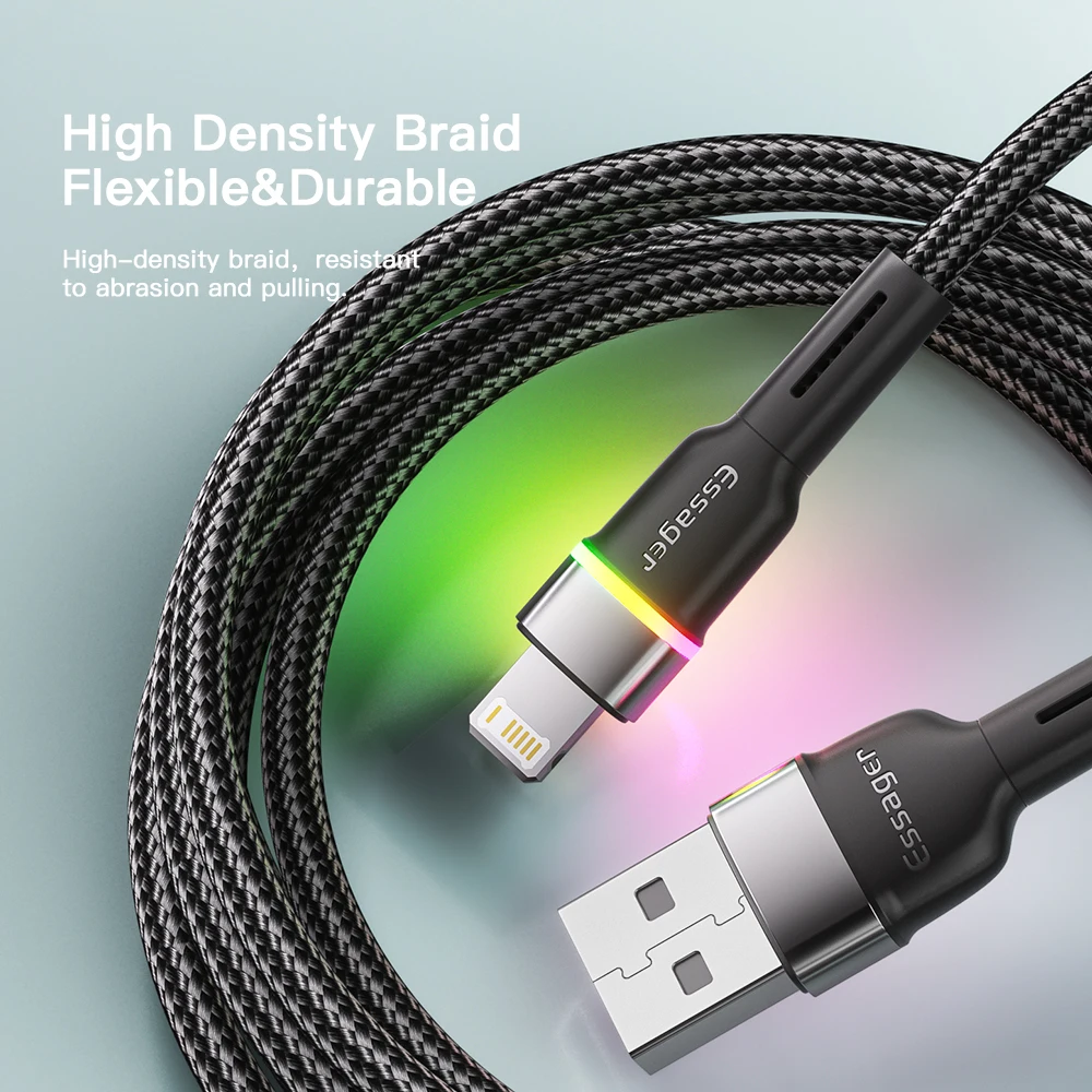 Essager-Cabo USB para iPhone, iPhone 14, 13, 12, 11 Pro, XS Max, X, XR, LED Lightning, Carregamento Rápido, Cabo de Dados, Dados iPad