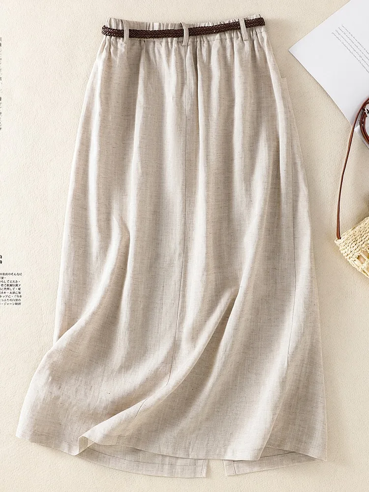 Elegant Cotton Linen Asymmetrical Hemline High Waist A-Line Skirt Women Summer Elastic Waist Slimming Single Button Casual Li...