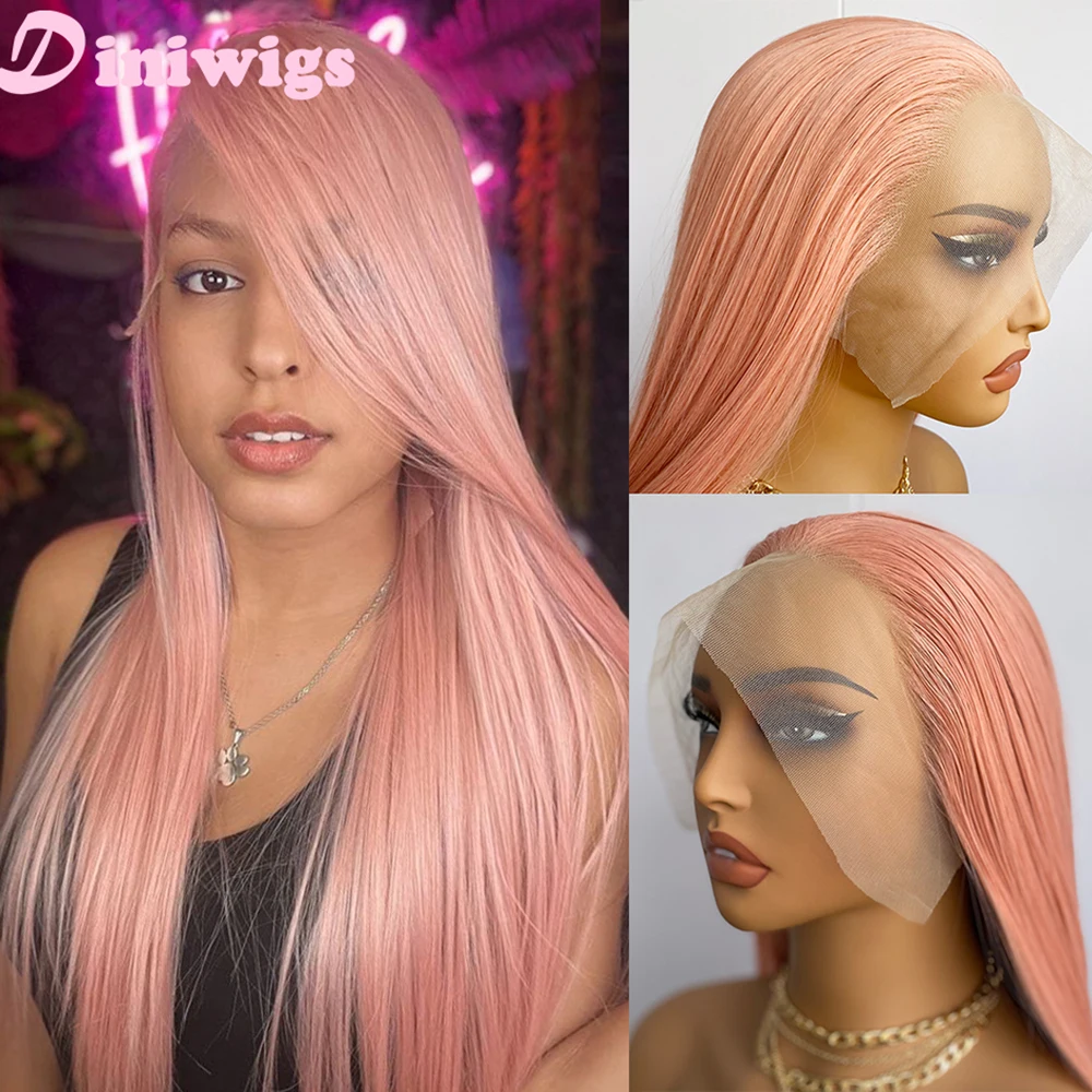 

Diniwigs Коралловый Розовый Парик Фронта Шнурка Синтетические Длинные Прямые Волосы Натуральная Линия Волос Парик Для Ежедневного Использования для Женщин Термостойкое Волокно