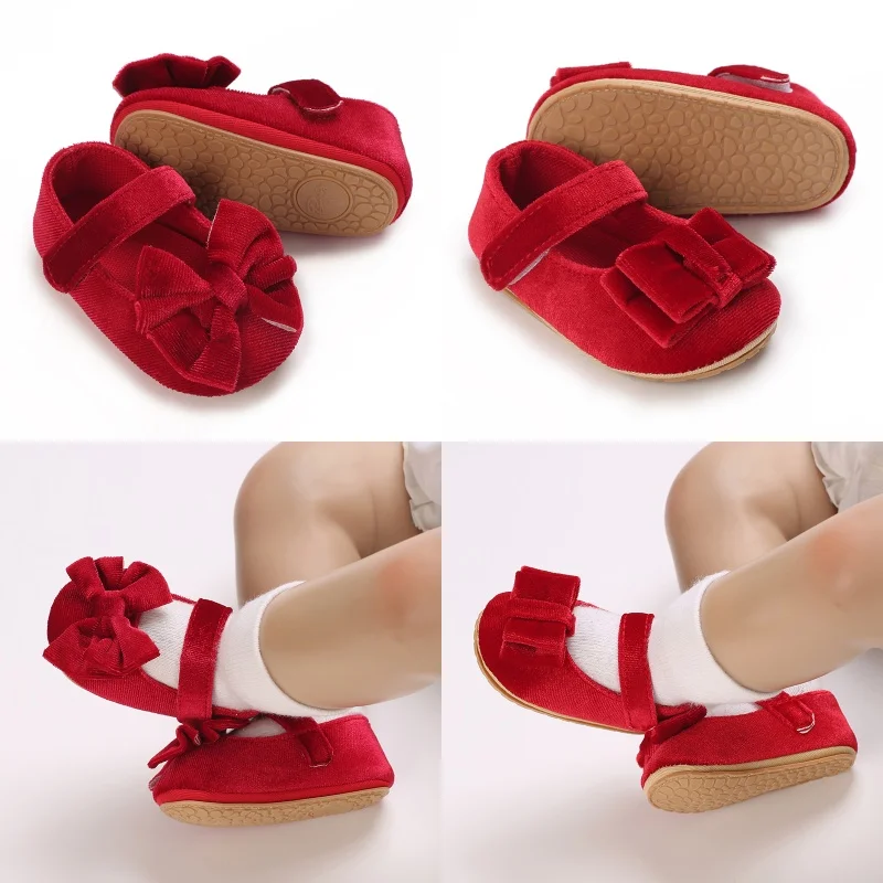 Fashionable Bow Girl Baby Party Shoes Newborn Plush Comfortable Soft Rubber Sole Anti slip Walking Shoes 0-1 Years Old