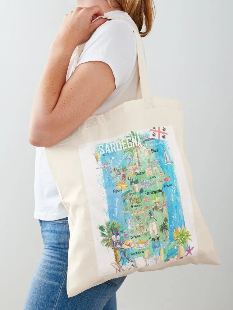 Sardinia Illustrated Travel Map Mediterranean Adriatic Sicily Sardegna with Roads and Tourist Highlights Tote Bag