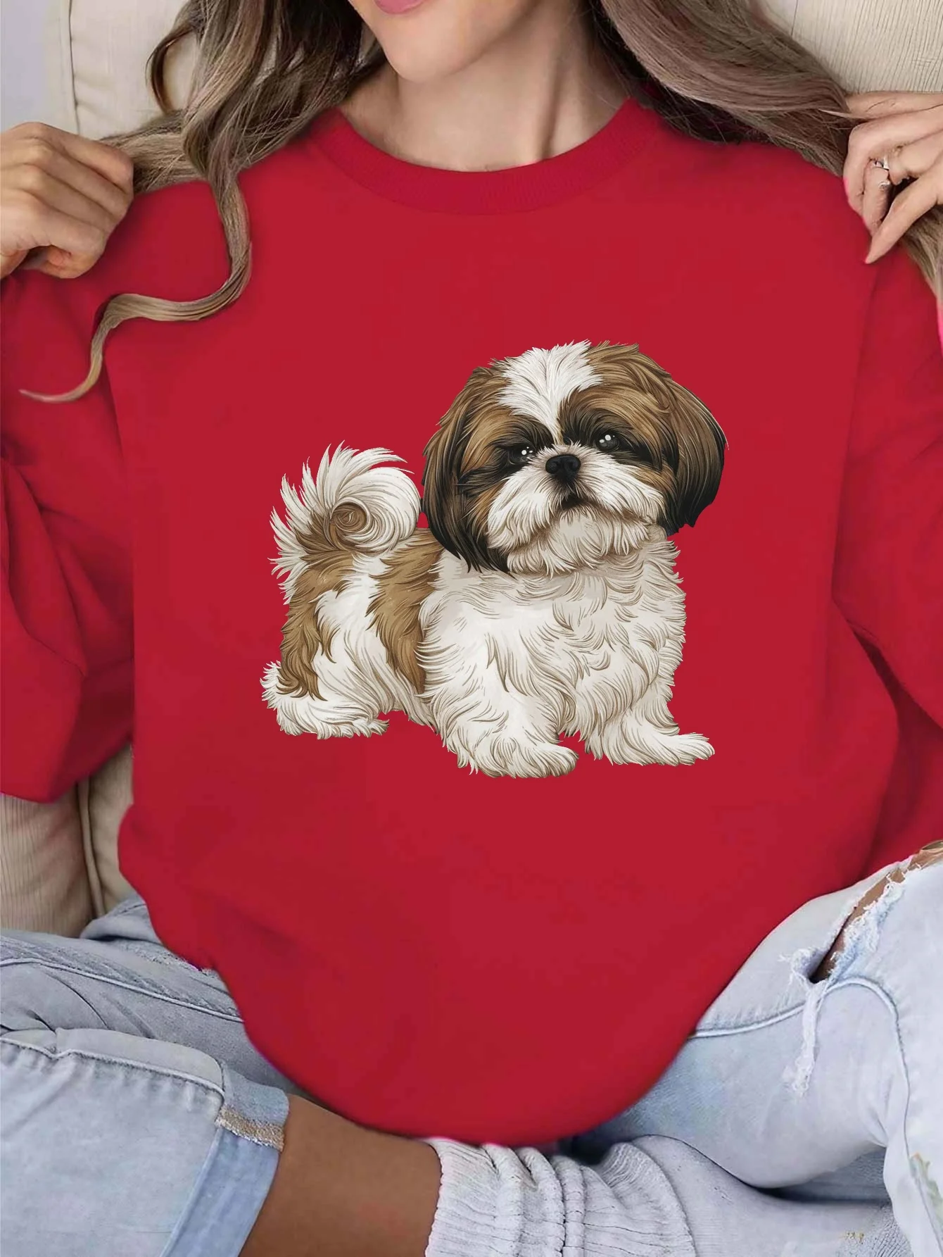 Sudadera con cuello redondo y patrón Shih Tzu para mujer, jersey informal no elástico, ajuste Regular, otoño e invierno, cómoda para perros
