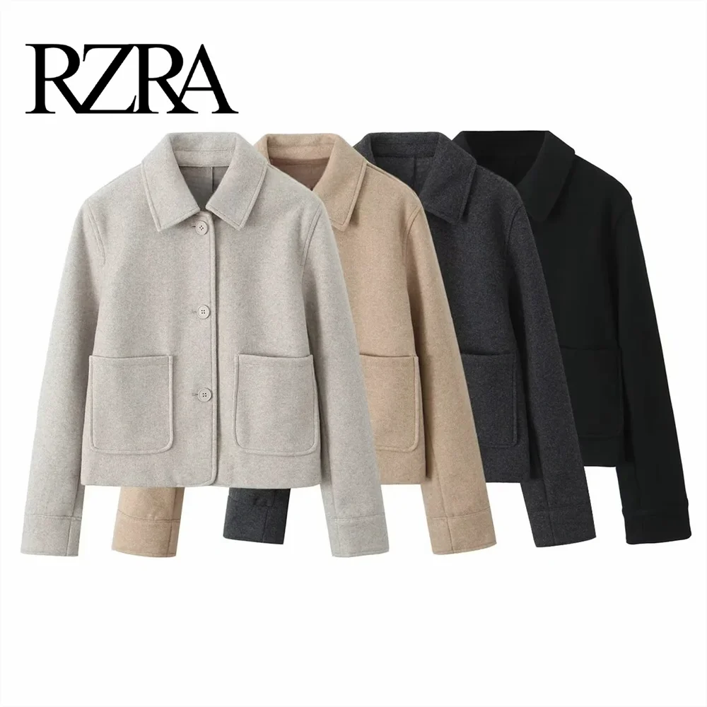 RZRA 24 Autumn/Winter New Product Women's Wear Simple and Versatile Pocket Decoration Soft Collar Long Sleeve Woolen Coat