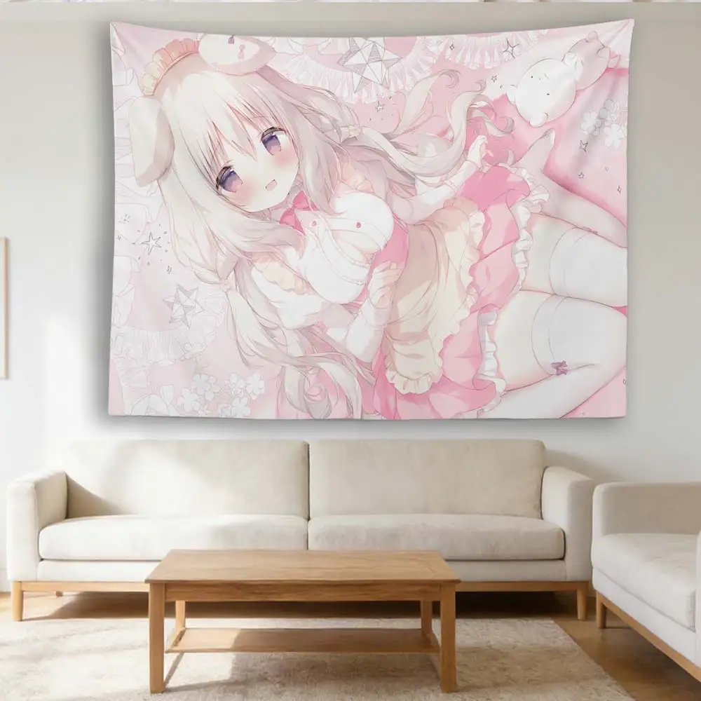 Kawaii Neko Girl Anime Wandteppich, Pastellrosa Niedliches Katzenmädchen Wandbehang, Süße Lolita Schlafzimmer Wohnheim Deko für Fans