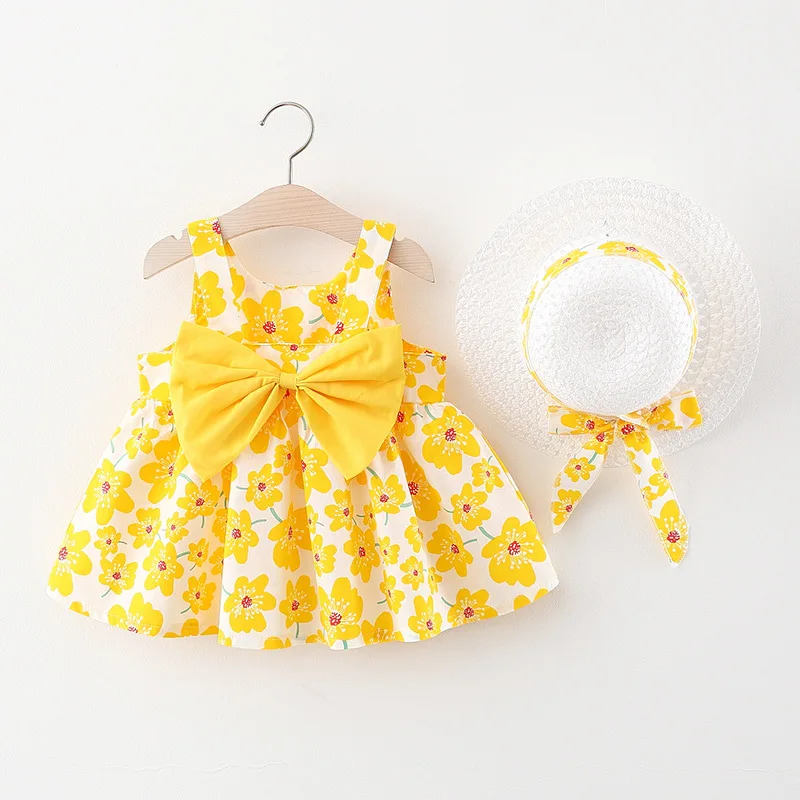 2Piece Summer Clothes Baby Girl Beach Dresses Casual Fashion Print Cute Bow Flower Princess Dress+Hat Newborn Clothing Set BC171