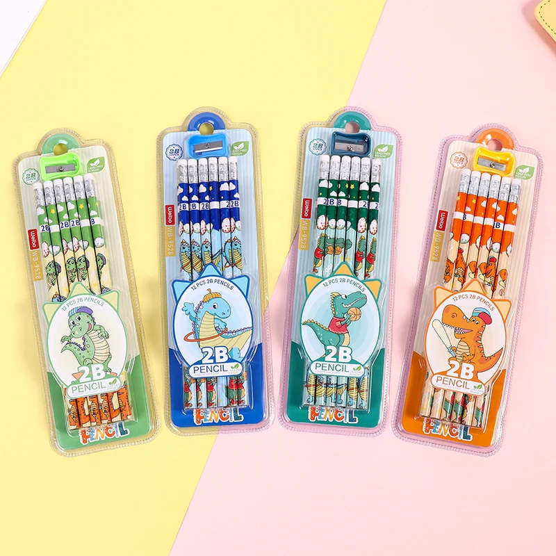 12Pcs/Set wooden pencils with eraser 2B pencil Little dinosaur Cartoon writing pen cute Student pen School supplies gi