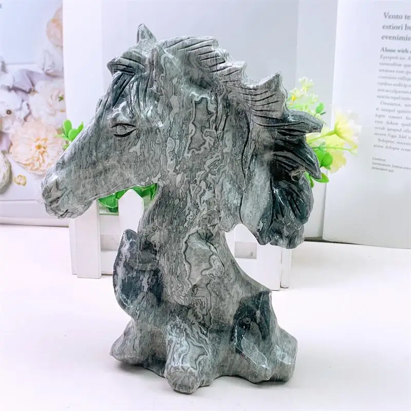 19.7MM Natural Picasso Stone Horse Head Carving Ornament For Healing Fengshui Jewelry Making Home Decoration Gift 1PCS