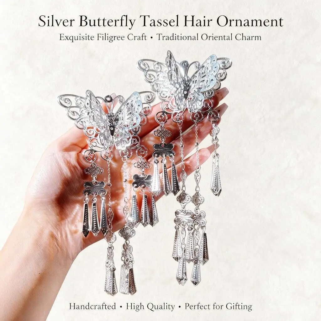 Retro Silver Butterfly Hair Clip Long Tassel Bells Miao Style Hanfu Hairpin Elegant Ethnic Hair Accessory For Women Cosplay Wear