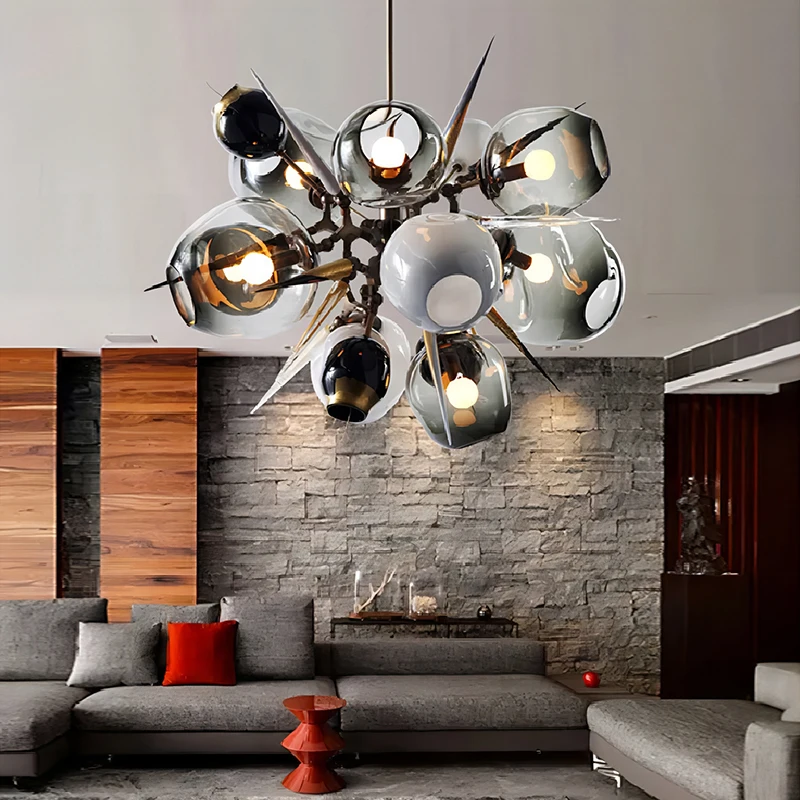 

Postmodern E27 Led Chandelier For Living Room Glass Shade Metal Lustre Ceiling Light Gray Pendant Lamp Indoor Lighting Luminaria