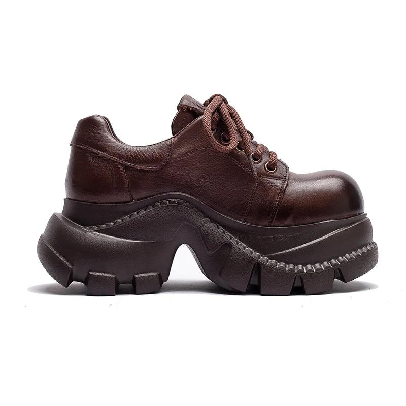 DRKANOL Women Thick Sole Height Increasing Shoes Handmade Retro Big Toe Genuine Cow Leather Chunky Platform Lace-Up Casual Shoes