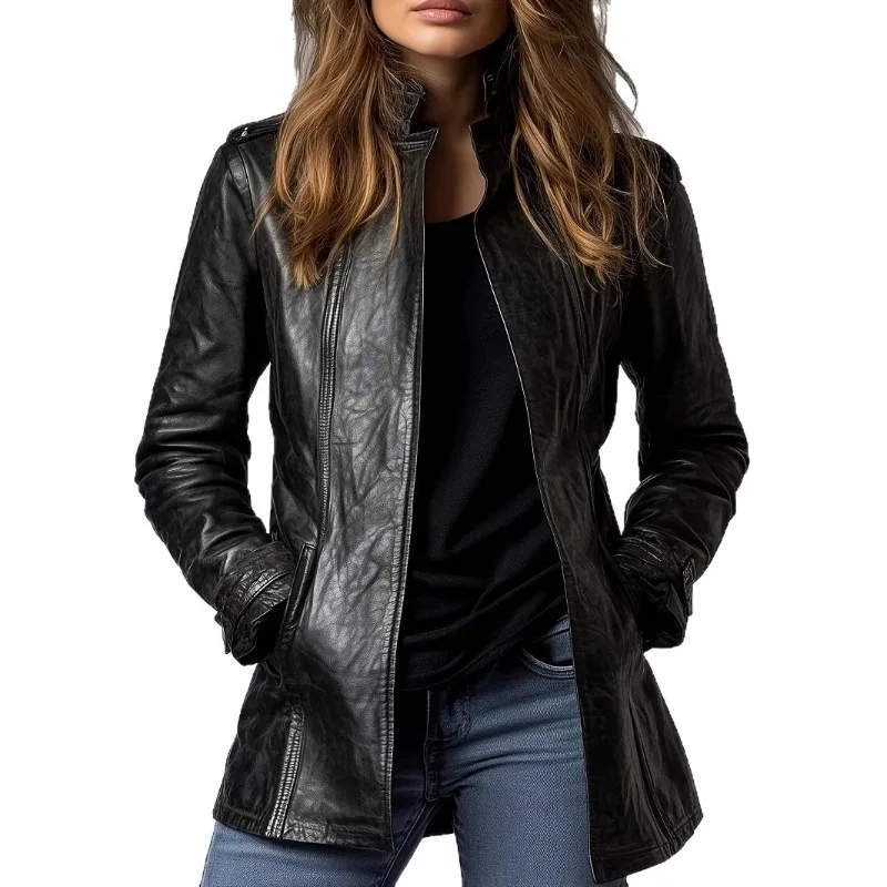 

Women's Leather Stand-Up Collar Long Sleeve Fashion PU Leather Jacket Female Motorcycle Biker Black Coat