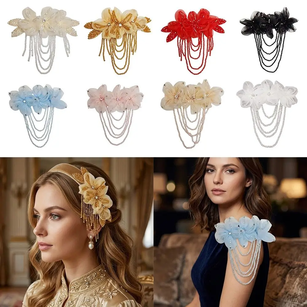 1Pc Fashion Beaded Decoration Flower Patch Tassel Detachable DIY Sewing Decals Crystal Chiffon Embroidery Patch