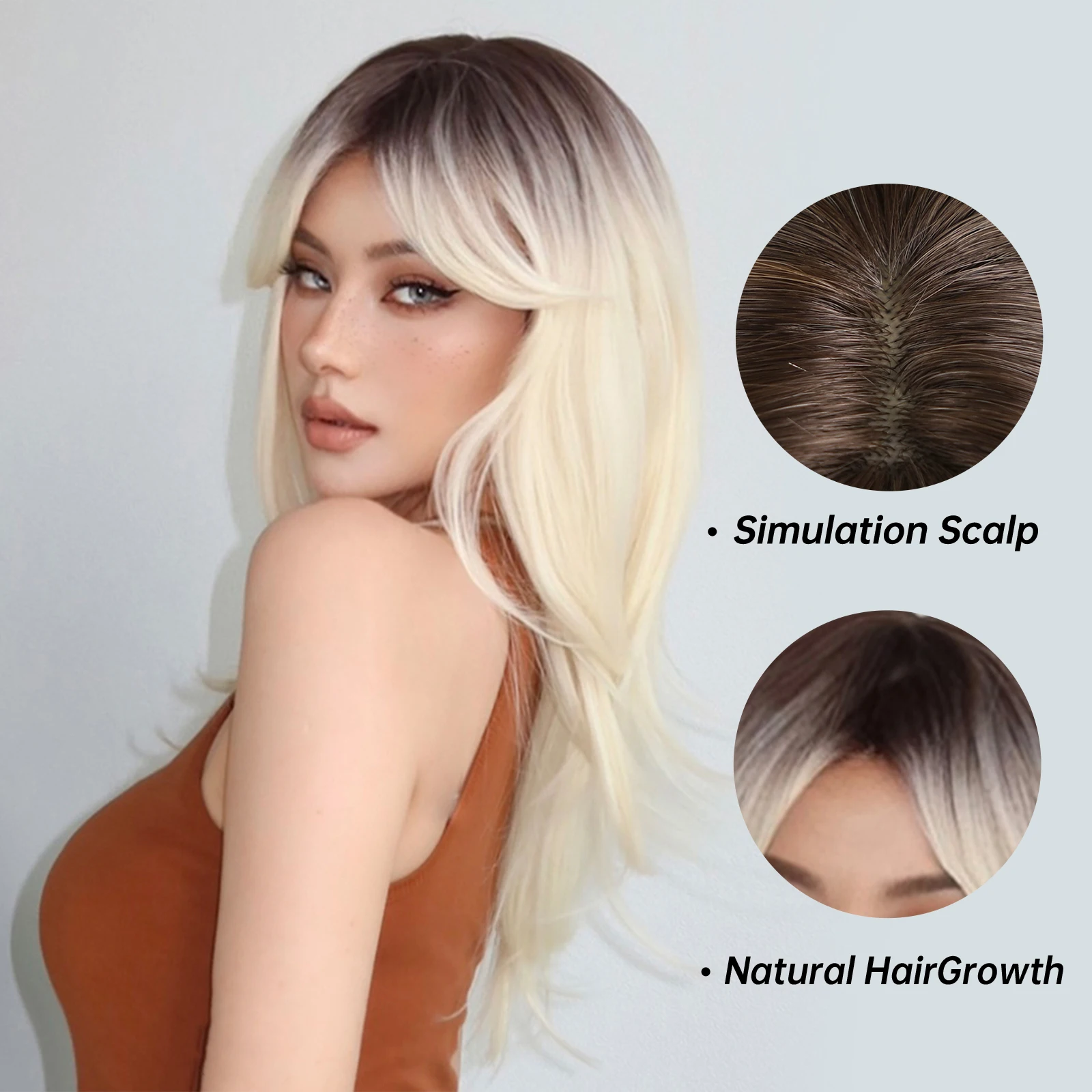 HENRY MARGU Ombre Light Blonde Layered Synthetic Wigs for Women Long Natural Straight Wigs with Bangs Cosplay Heat Resistant Wig