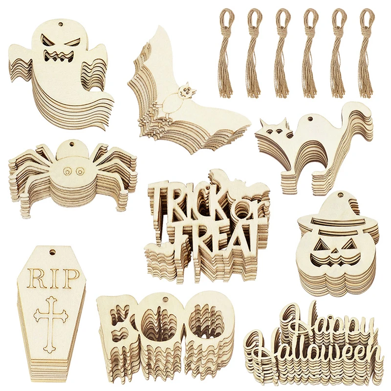 10Pcs Halloween Wooden Pendant Ghost Bat Spider Pumpkin Hanging Pendant with Rope Halloween Party DIY Decoration Kids Gift