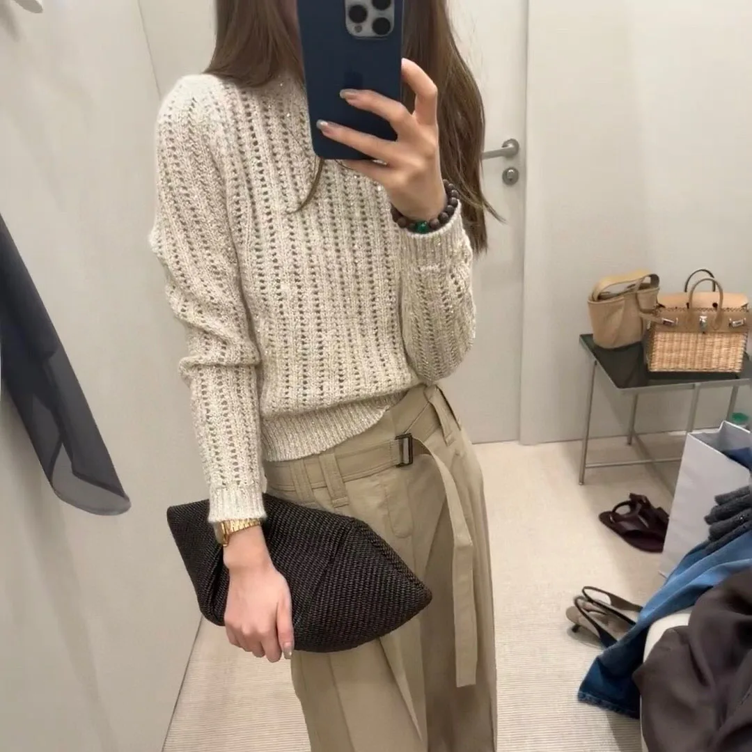 

Old Money Style Luxury 100% Cashmere Pullover Women Crochet Hollow Sequins O-neck Long Sleeve Solid Color Casual Knitted Sweater