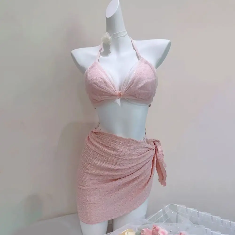 Sweet Sleeveless Bikini Set Slim Fit Deep-V Swimwear Set Lace Up Mesh Bathing Suit Beach Vacation