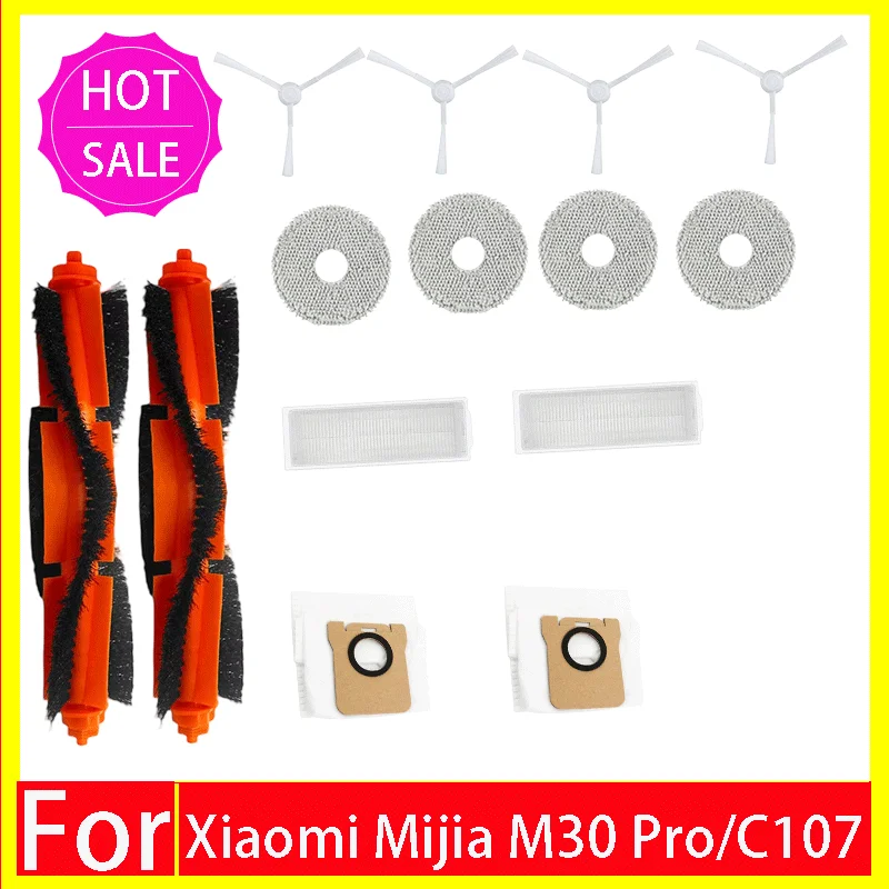 Accessoires voor de Xiaomi Mijia M30 Pro C107: vervangende borstel, zijborstel, HEPA-filter, dweilpad, stofzak, dweilhouder en reserveonderdelen.
