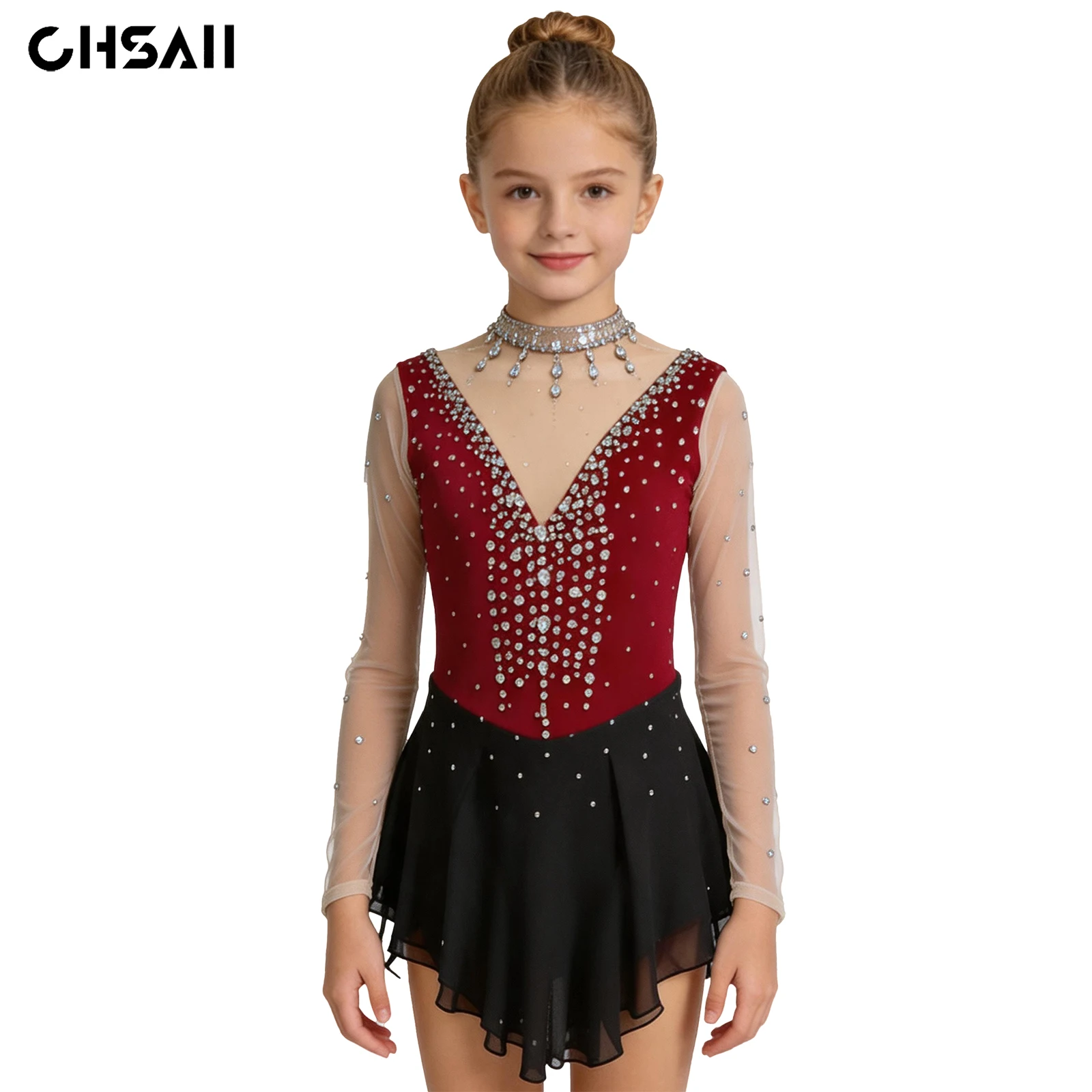 

Girls Red Black Figure Skating Dress Rhinestones Sheer Mesh Long Sleeve Ice Skating Competition Costume Ballet Performance