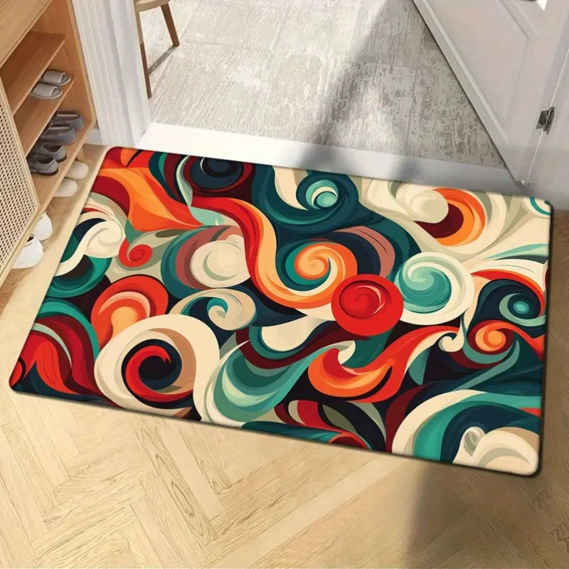 1pc Vibrant Abstract Swirl Flannel Door Mat - Non-Slip, Machine Washable, Soft Comfort Floor Mat for Entryway, Kitchen, Living R