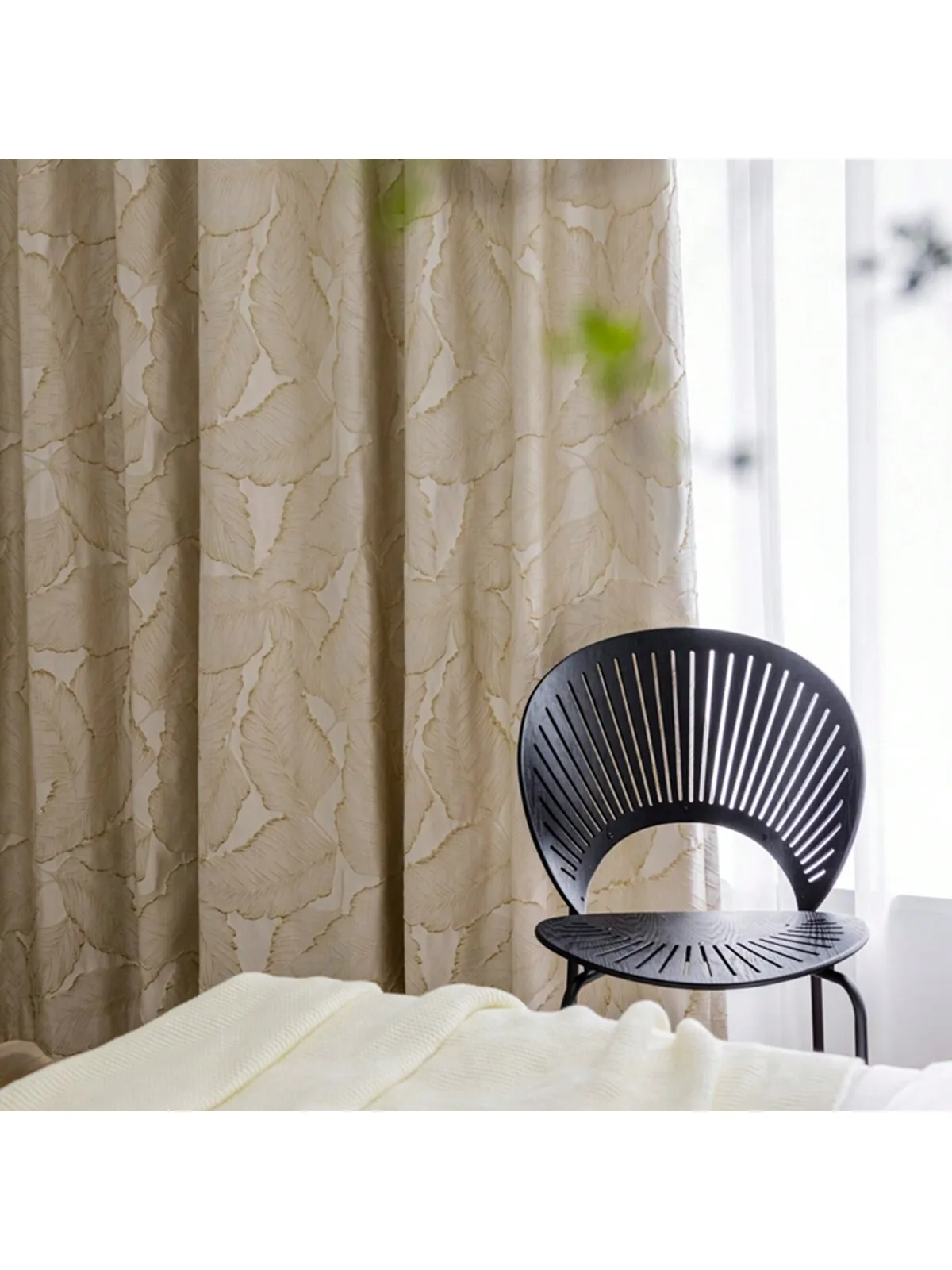 1PC Beige Embossed Leaf Pattern Light Blocking Curtain for Luxury Villa Living Room Bedroom Window