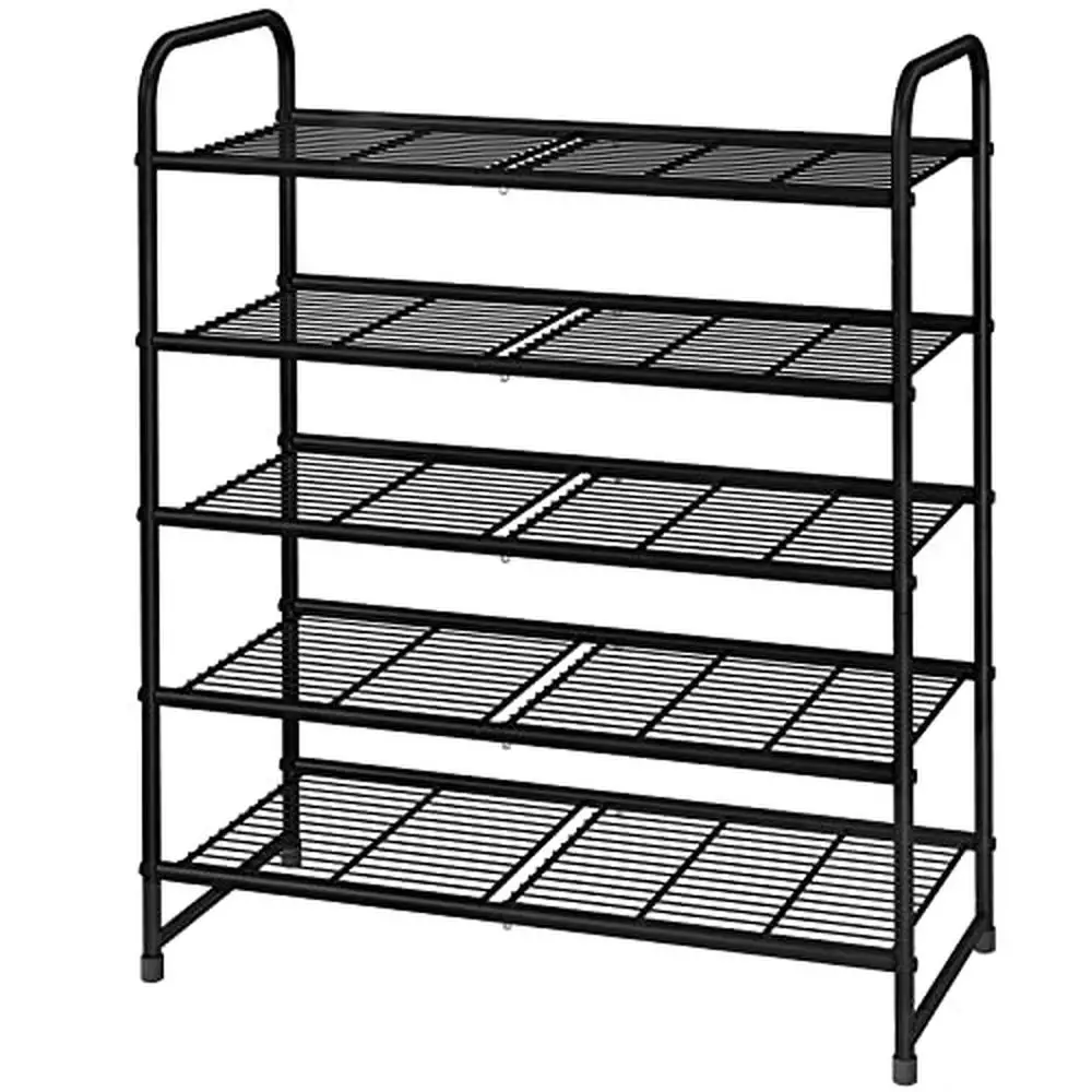 

Adjustable 5-Tier Shoe Rack Storage Shelf Wire Grid Black Expandable Shoe Organizer Closet Kitchen Living Room Holds 15-18 Pairs