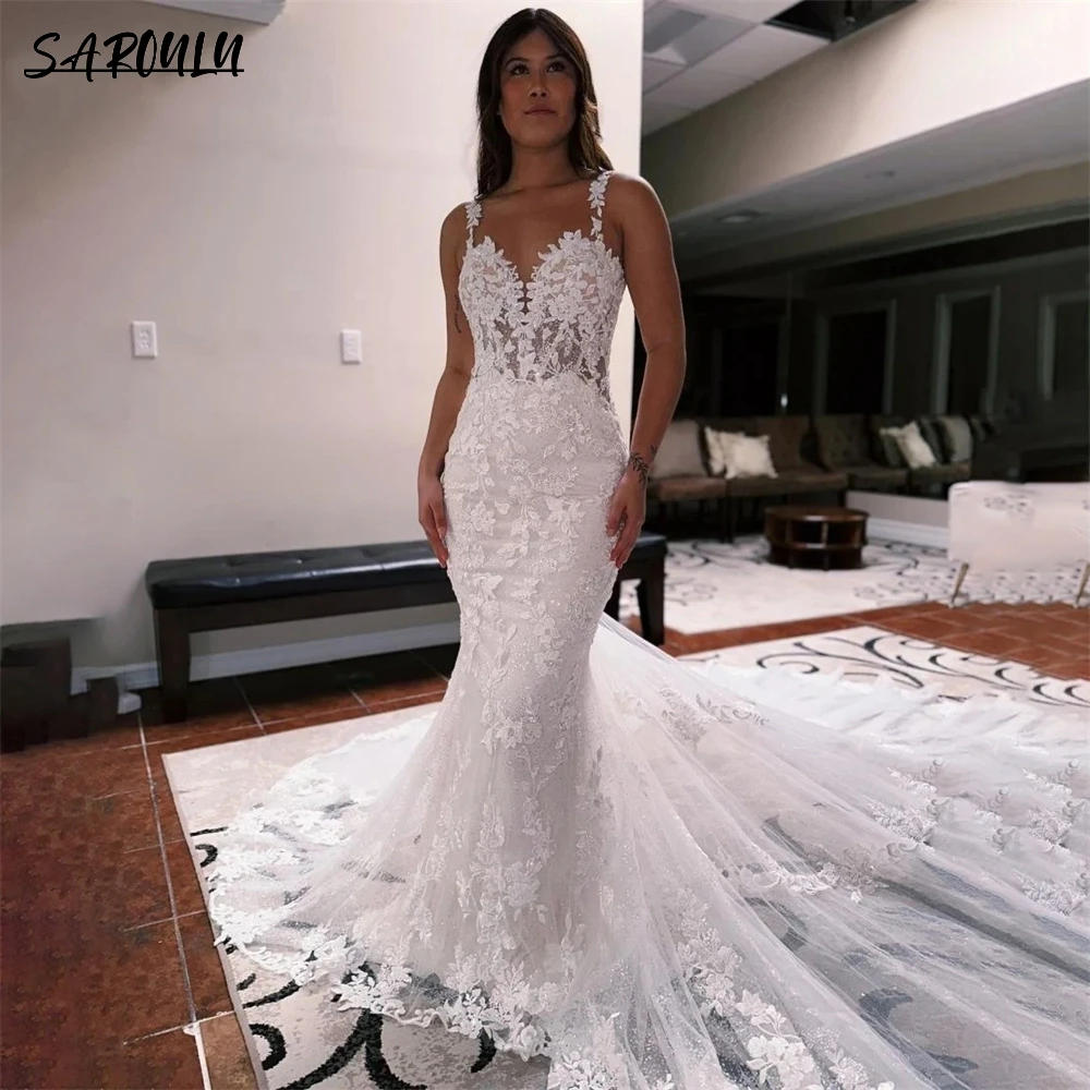 

Luxury Lace Mermaid Wedding Dress Long Train Spaghetti Straps Backless Appliques Bride Dresses Wedding Bridal Gown Custom Made