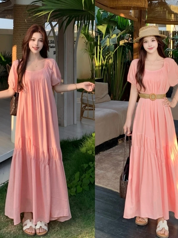 

Slimming Effect Short Sleeve Midi Dress for plus Size Women Elegant Casual French Style A-Line Gown with Pleating And Shoulde...
