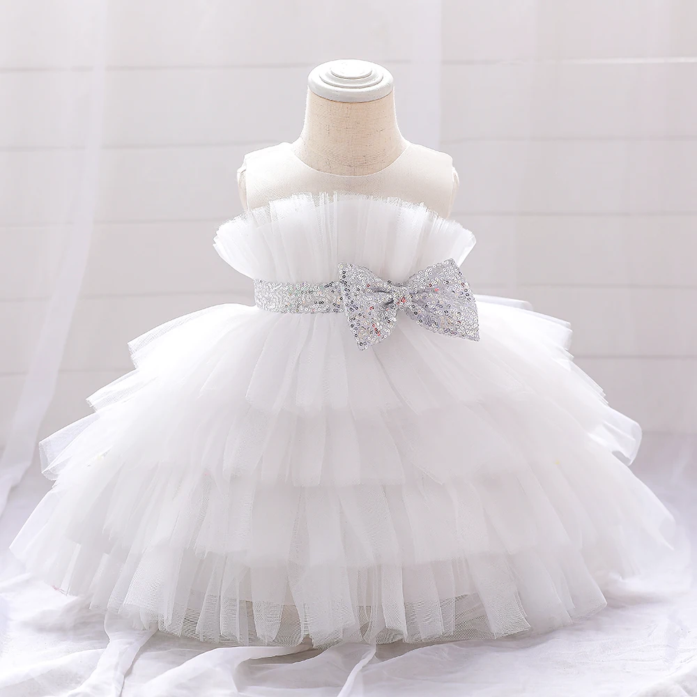 Sequin Bow Baby Girls Dress Puffy Tulle Toddler White Baptism Party Dresses For Girl Elegant Kids Birthday Princess Ball Gown