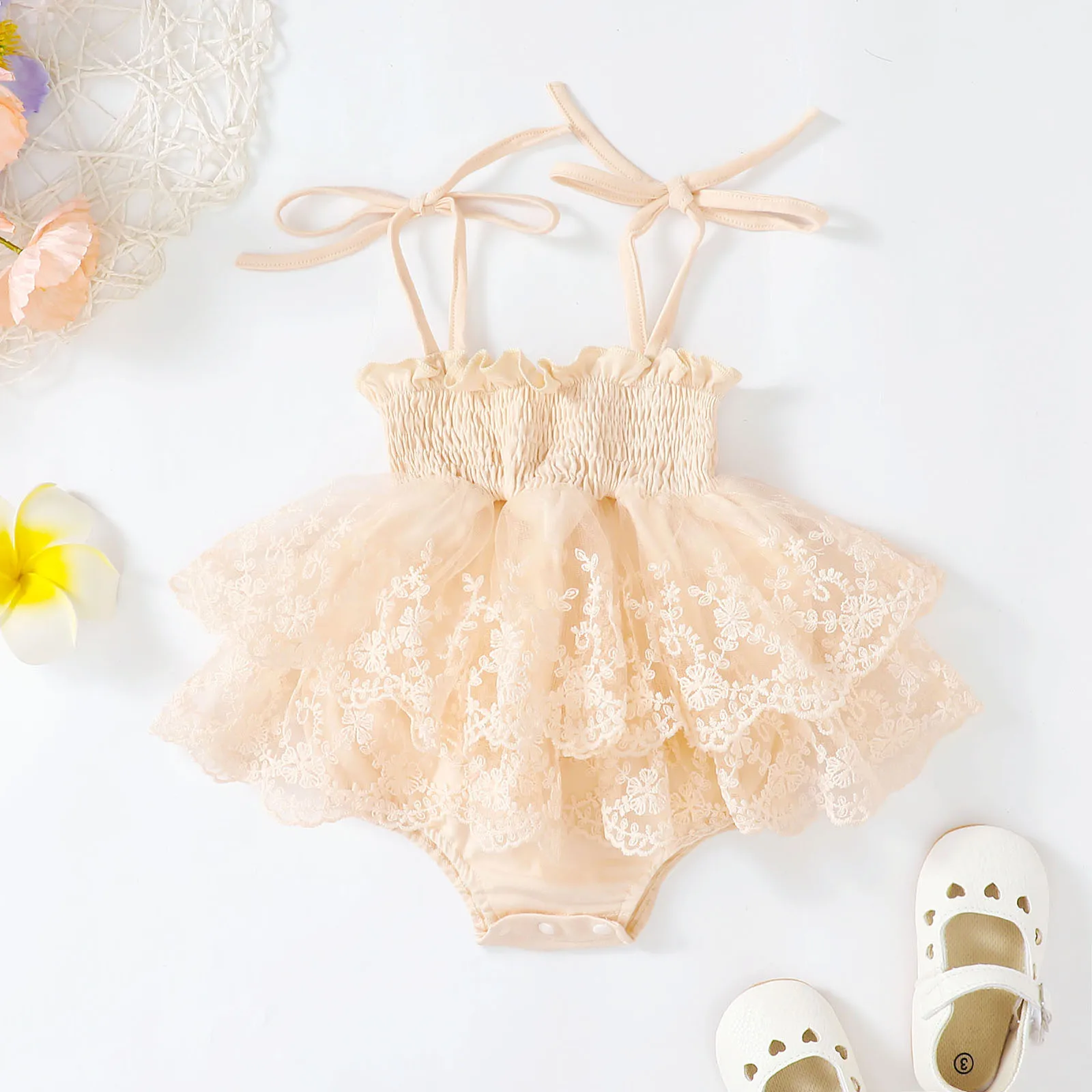 

Summer Toddler Baby Girl Romper Sleeveless Shirred Layered Hem Elastic Leg Lace Flower Embroidery Tie Up Bodyuits Jumpsuit