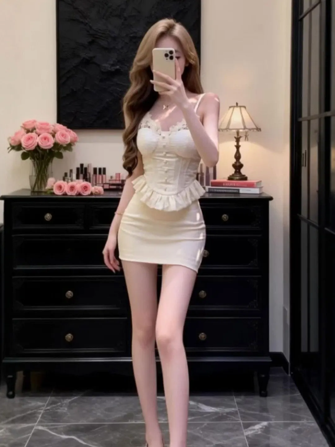 

Spring 2026 Women's Gentle Sle f Skirt Set Bodycon Top No Sve V-Ne Warm Mid-Waist Casual Faion Ensemble
