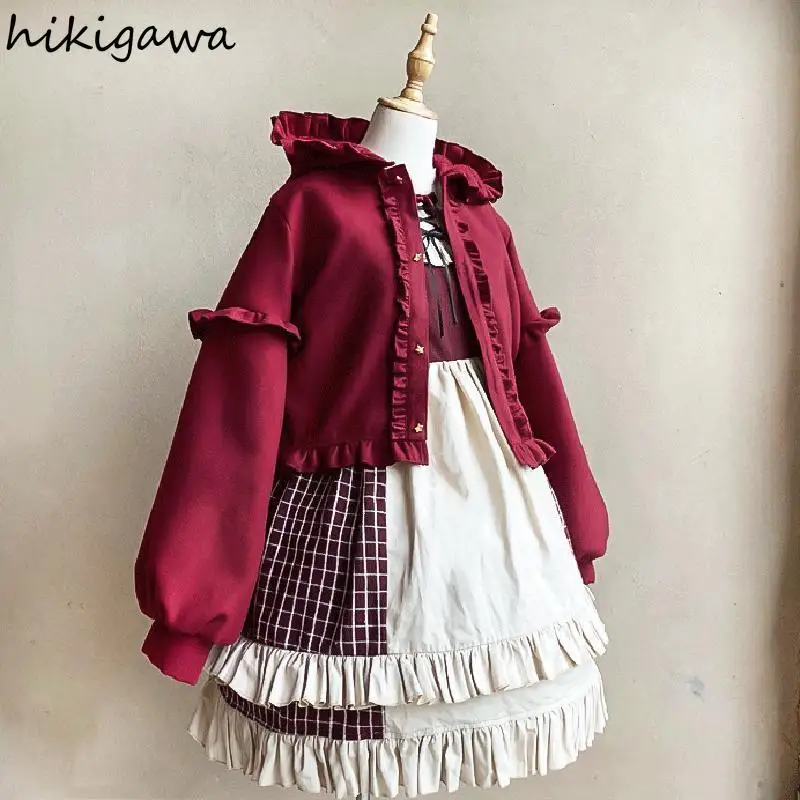 Lolita Woman Jacket Japanese Hooded Ruffles Kawaii Coat Vintage Winter Tops Thicked Warm Short Coats 2023 Fashion Woman Jackets