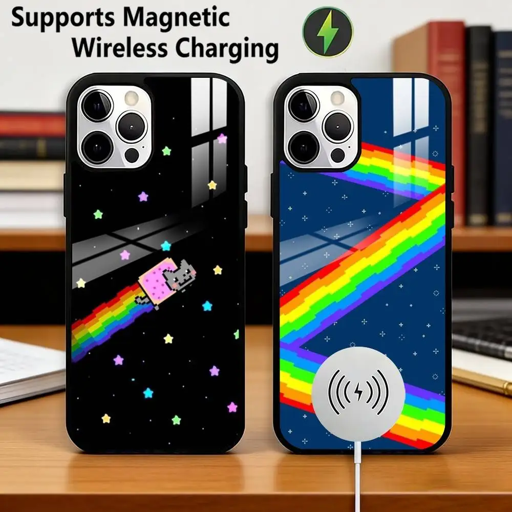 Cute N-Nyan C-Cat Phone Case For iPhone17,16,15,14,13,12,11 Plus,Pro Compatible with magnetic wireless charging Gift