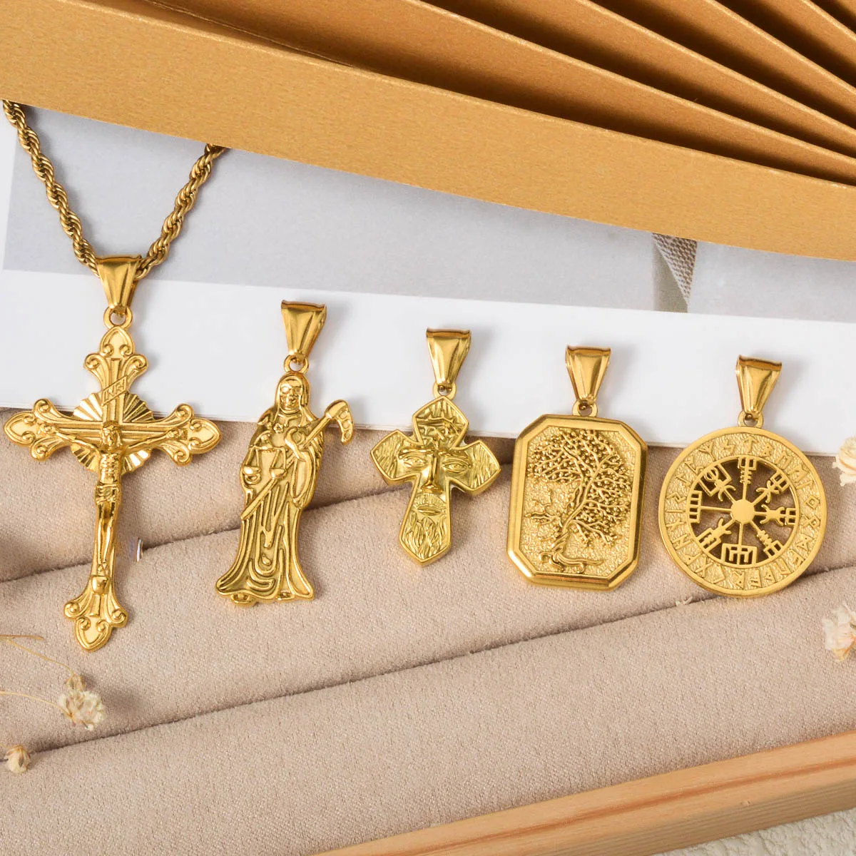 الذهب اللون قلادة قلادة مجموعة الصليب/الملاك/شجرة الحياة/يين يانغ الرموز مجوهرات للرجال النساء الرموز الدينية الروحية مجوهرات