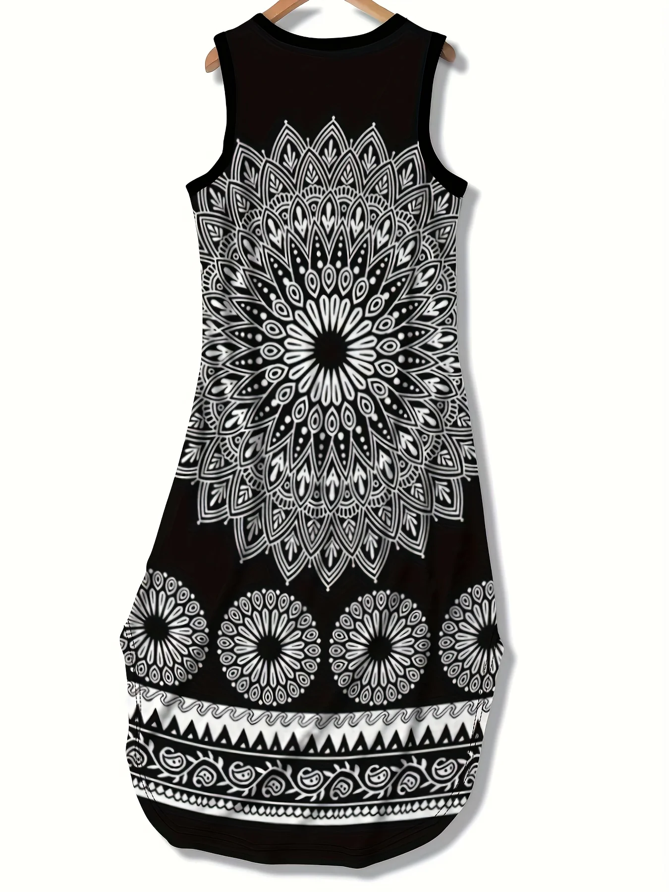 Damska Sukienka Midi Bez Rękawów Czarno-Biała Mandala Boho Etniczna Letnia Imprezowa Codzienna Plażowa Sukienka Letnia