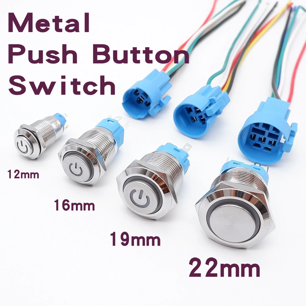 12mm 16mm 19mm 22mm Metal Push Button Switch Waterproof 1NO1NC Start Stop LED Light Red Orange Blue Green White 3v 12v 24v 220v