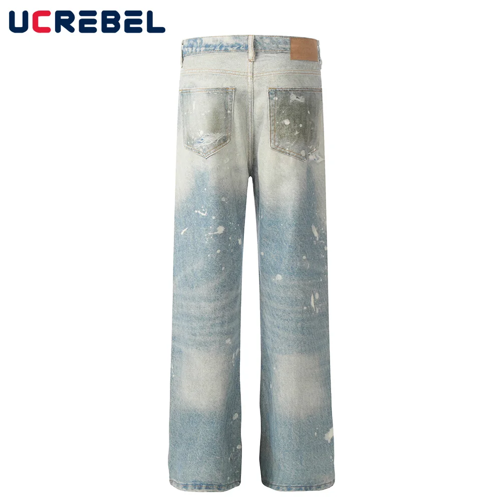 Splash ink Washed Distressed Denim Pants Mens High Street Straight Loose Wide leg Pocket Jeans Men