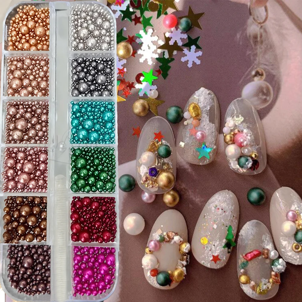 

1Box Colorful Round Beads Christmas Nail Supplies Charms 3D Mixed Resin Red Green White Pink Pearls Xmas Y2k Nail Decoration#@^_