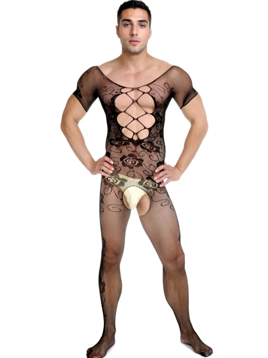 

Мужской сексуальный комбинезон с коротким рукавом, открытой промежностью, из высокоэластичной сетки, с вырезами, соблазнительный боди-костюм с чулками