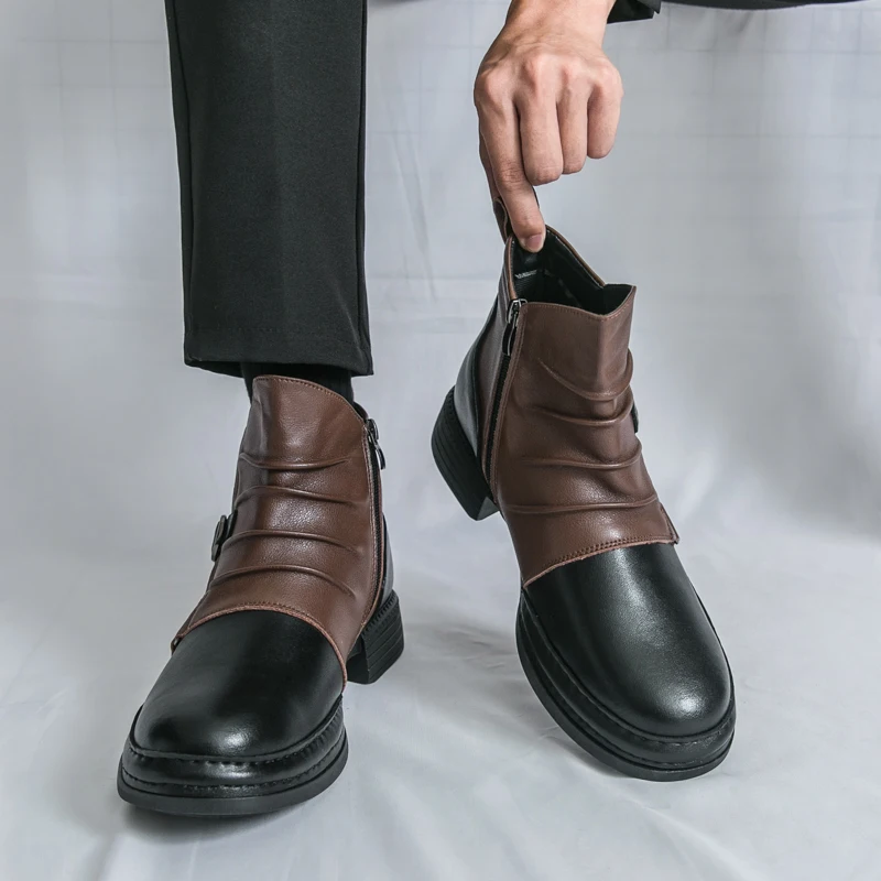 

Мужские ботинки на толстой подошве. Роскошные дизайнерские новые стильные туфли для отдыха, офиса, вечеринки, уличные осенне-зимние кожаные туфли с высоким берцем.