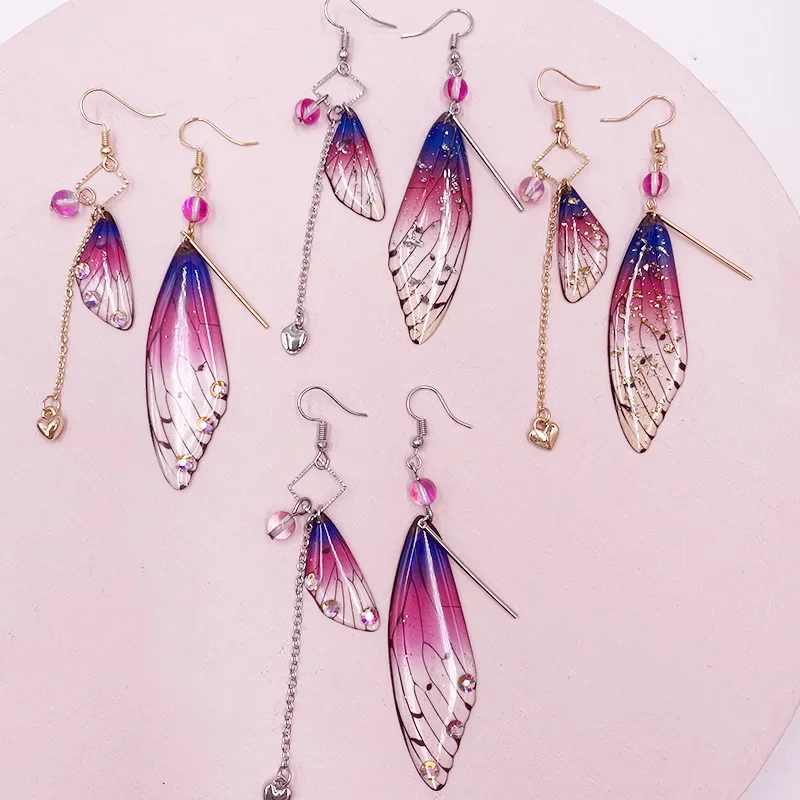 Temperament Fairy Long earrings Butterfly Wings Drop Earrings Dreamy Gradient Color Asymmetric Earrings Romantic Bridal Jewelry