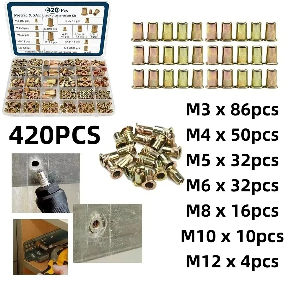 Carbon Steel Rivet Nut M3-M12 Rustproof Threaded Insert Tool Manual Threaded Rivet Nut Assortment Kit Rivnuts Tool