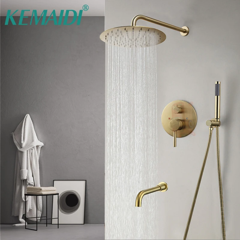 KEMAIDI Brushed Gold Shower Faucet Wall Mount Big Rainfall Head Hand Sprayer Bathtub Mixer Taps Bath Shower System Solid Brass