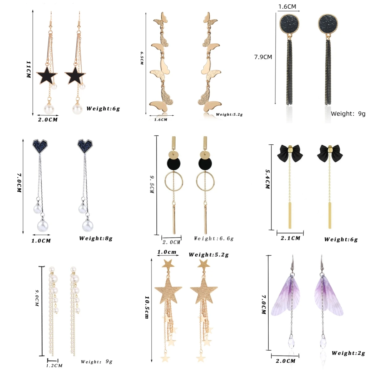 New Fashion Long Drop Earrings for Women Flower Star Moon Heart Butterfly Wings Crystal Pearl Round Geometry Tassel Ear Jewelry