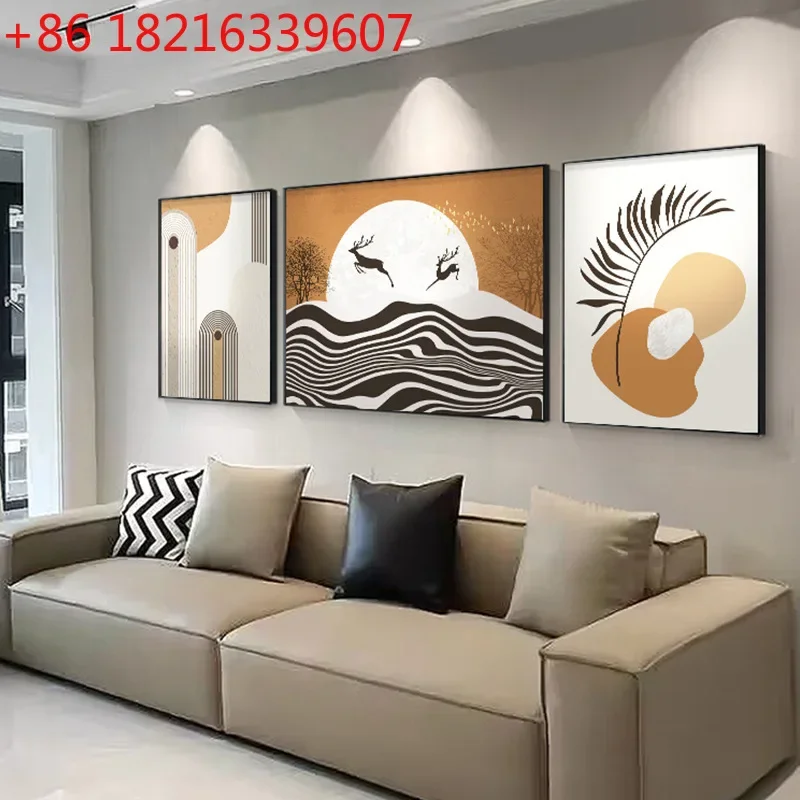Living room decorative painting triptych sofa background wall hanging painting abstract orange line mural