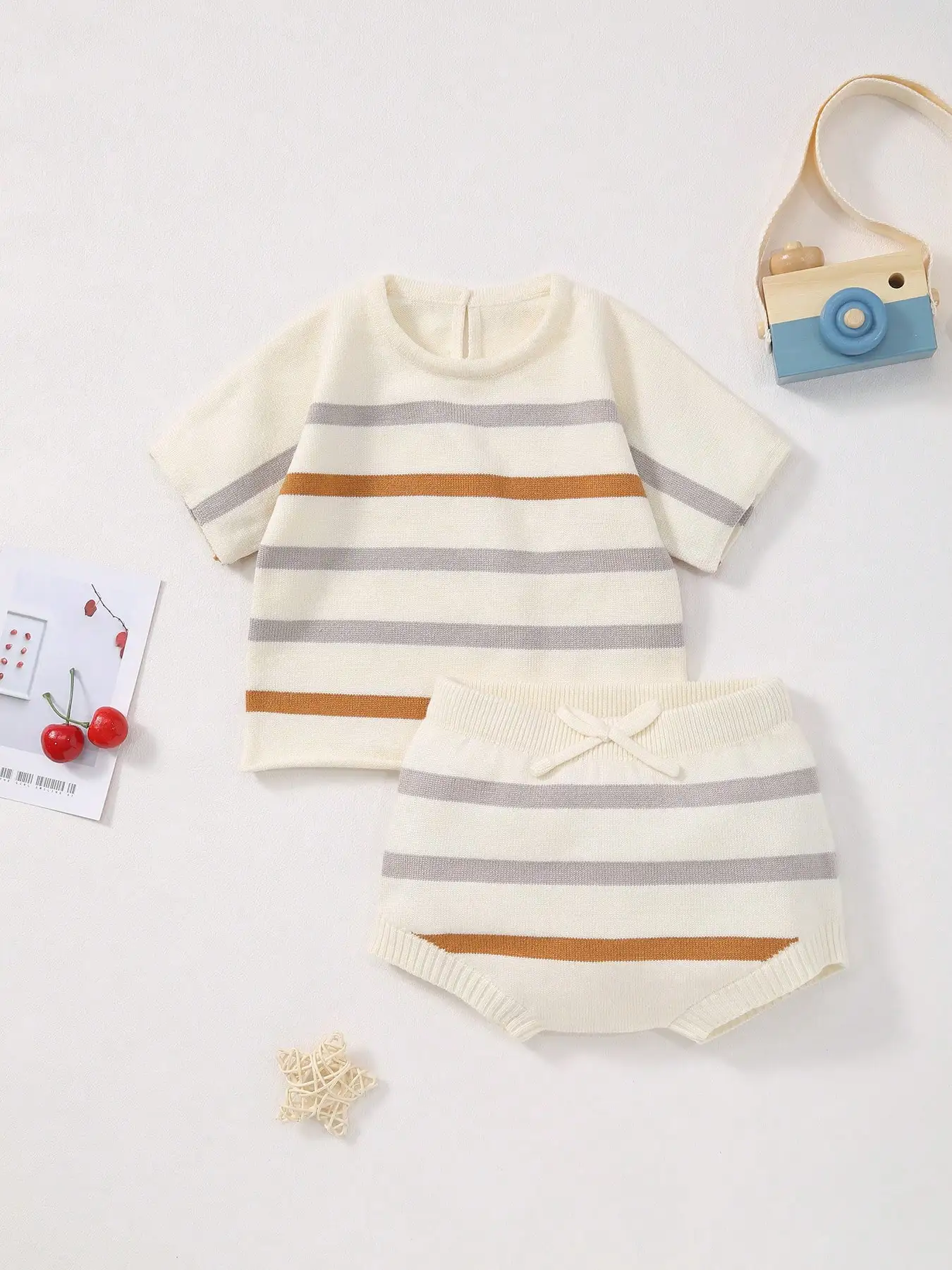 Baby Boy Knitted Summer Round Neck Stripesd Short-Sleeved Top + Butterfly Decorative Shorts